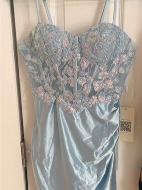 Embellished Light Blue Mini Dress with Floral Sequins
